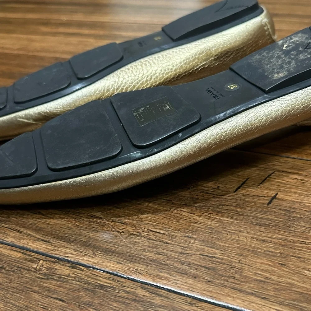 Prada Gold Pebbled Leather Loafers Made in Italy Size 37